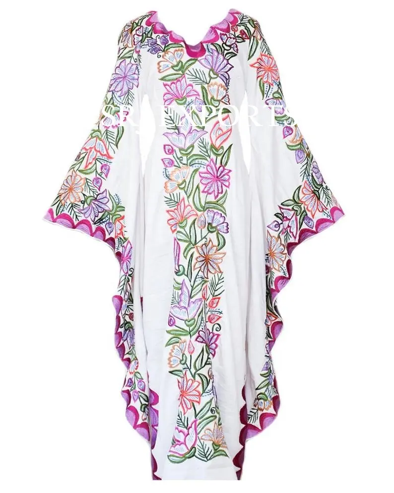 Stylish Manufacturer & Exporter of Designer Wild Flowers Embroidered Peace Caftan Butterfly Sleeve Vibrant Color Boho Maxi Dress