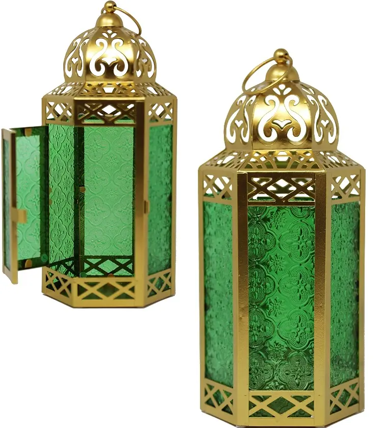 Hanging Metal Moroccan Decorative Candle Lantern Holder Patio Home Decor and Weddings Indoor Outdoor Gold Green Glass CHLR005