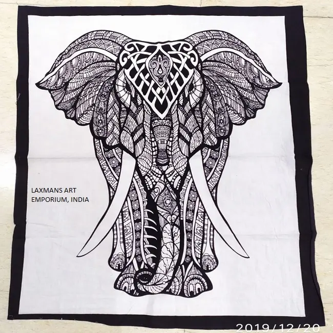 Novo 2024 Decoração Do Quarto Elefante Impresso Preto & Branco Cores Algodão Parede Hangings Tapeçaria Atacado A Partir De Índia