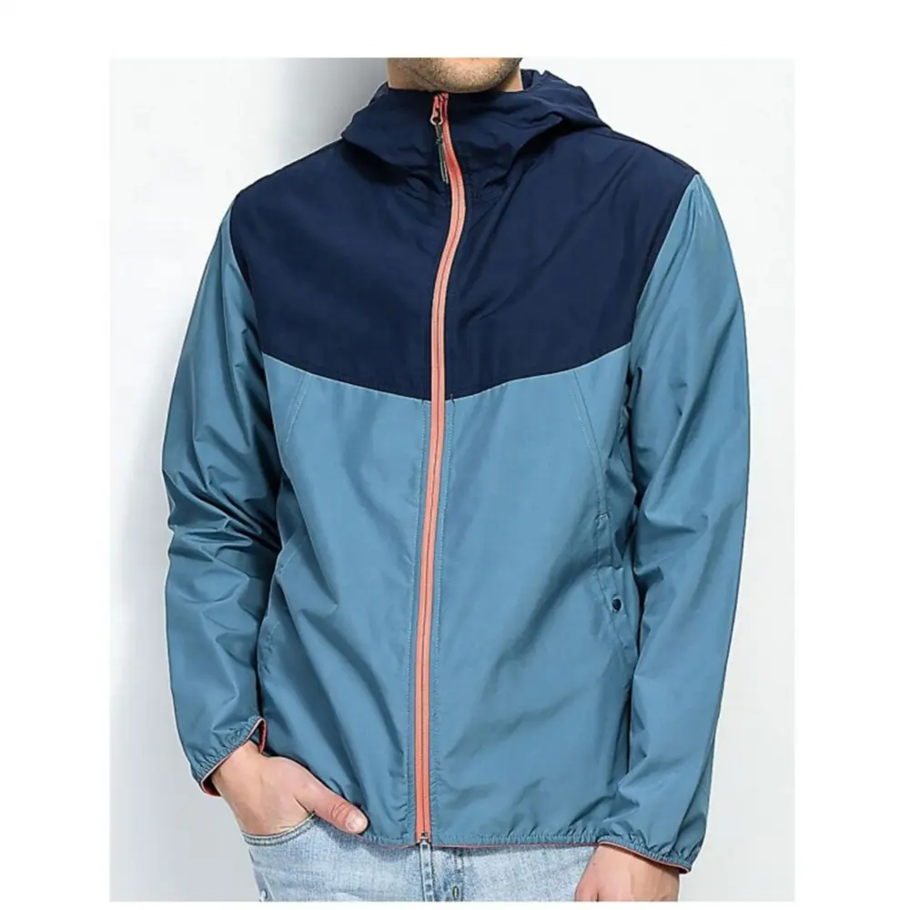 Jaket Hujan & Jaket Penahan Angin/Jaket Windbreaker Bertudung Biru Laut & Merah Muda Buatan Kustom Kualitas Tinggi