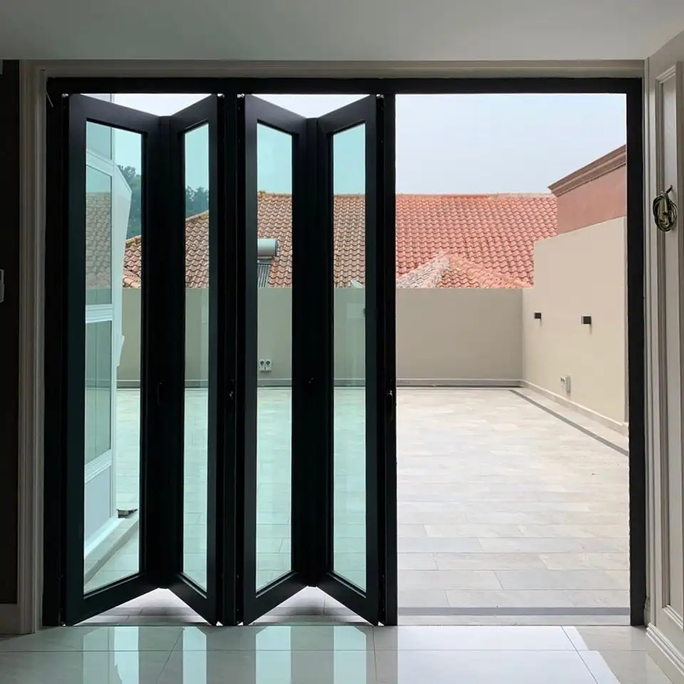 Puerta plegable de aluminio con sistema de bloqueo de 2 puntos, bisagras ocultos, vidrio laminado, se puede personalizar, ventana de balcón plegable