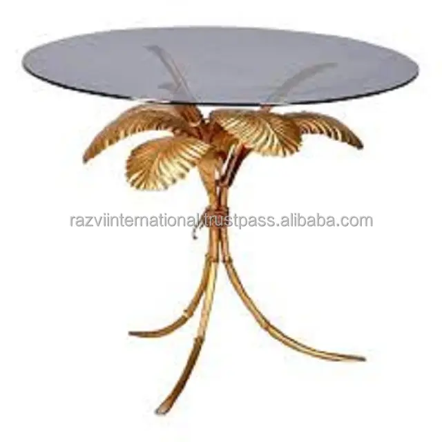 Tisch Metall Kaffee Beistell tisch Blätter Form Meta Ständer schwarz Glasplatte Luxus Beistell tisch