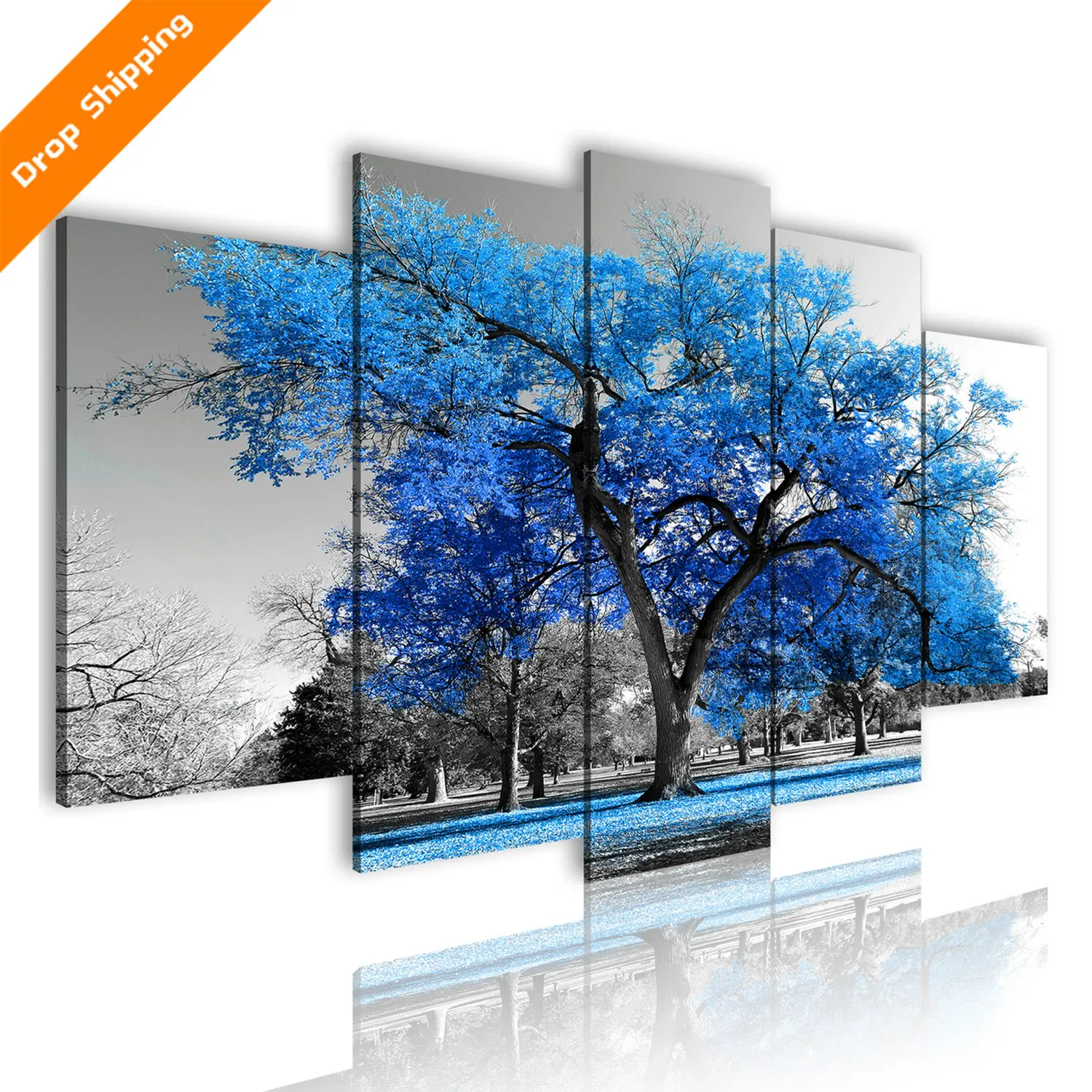 Personalizar 5 paneles de pared arte, paisaje de vida pintura azul árbol carteles y huellas abstracto moderno arte de la pared Decoración