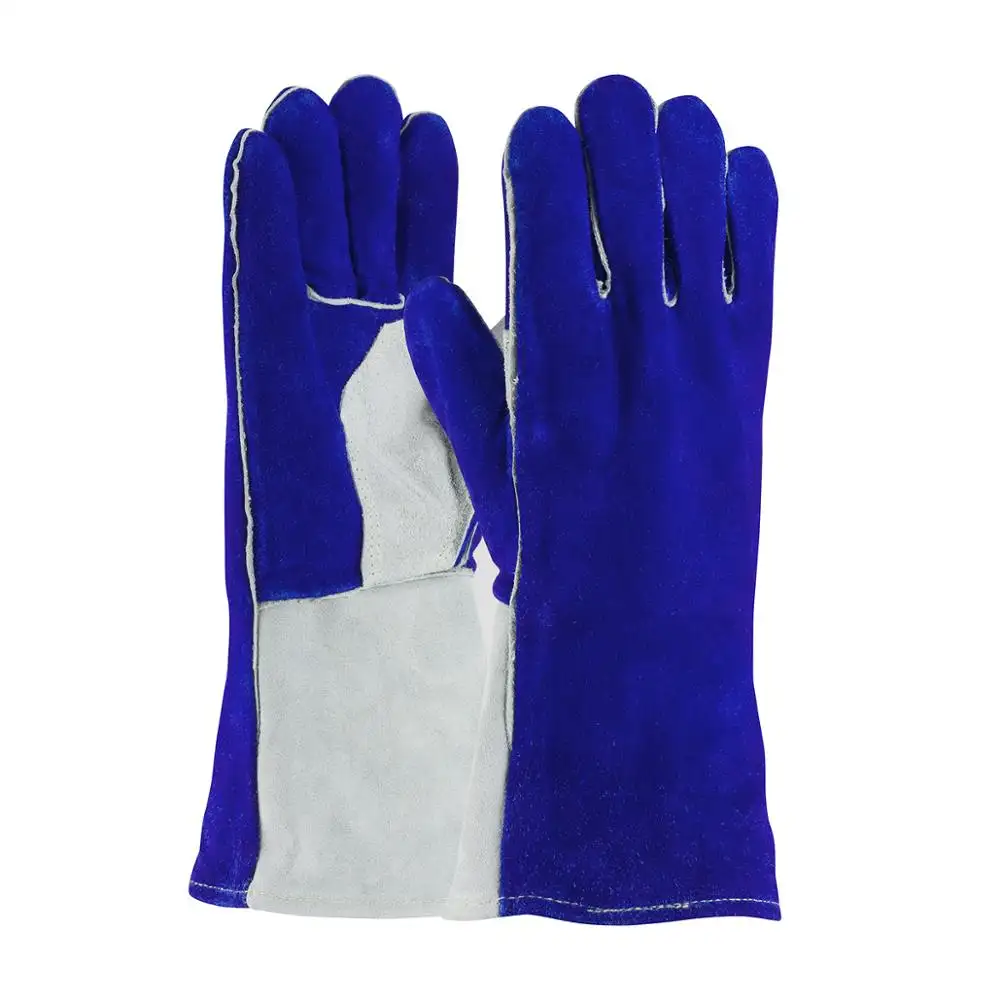 Gants de travail en cuir pour soudage, bleu, moins chers, Protection de sécurité, vente en gros, 100 pièces