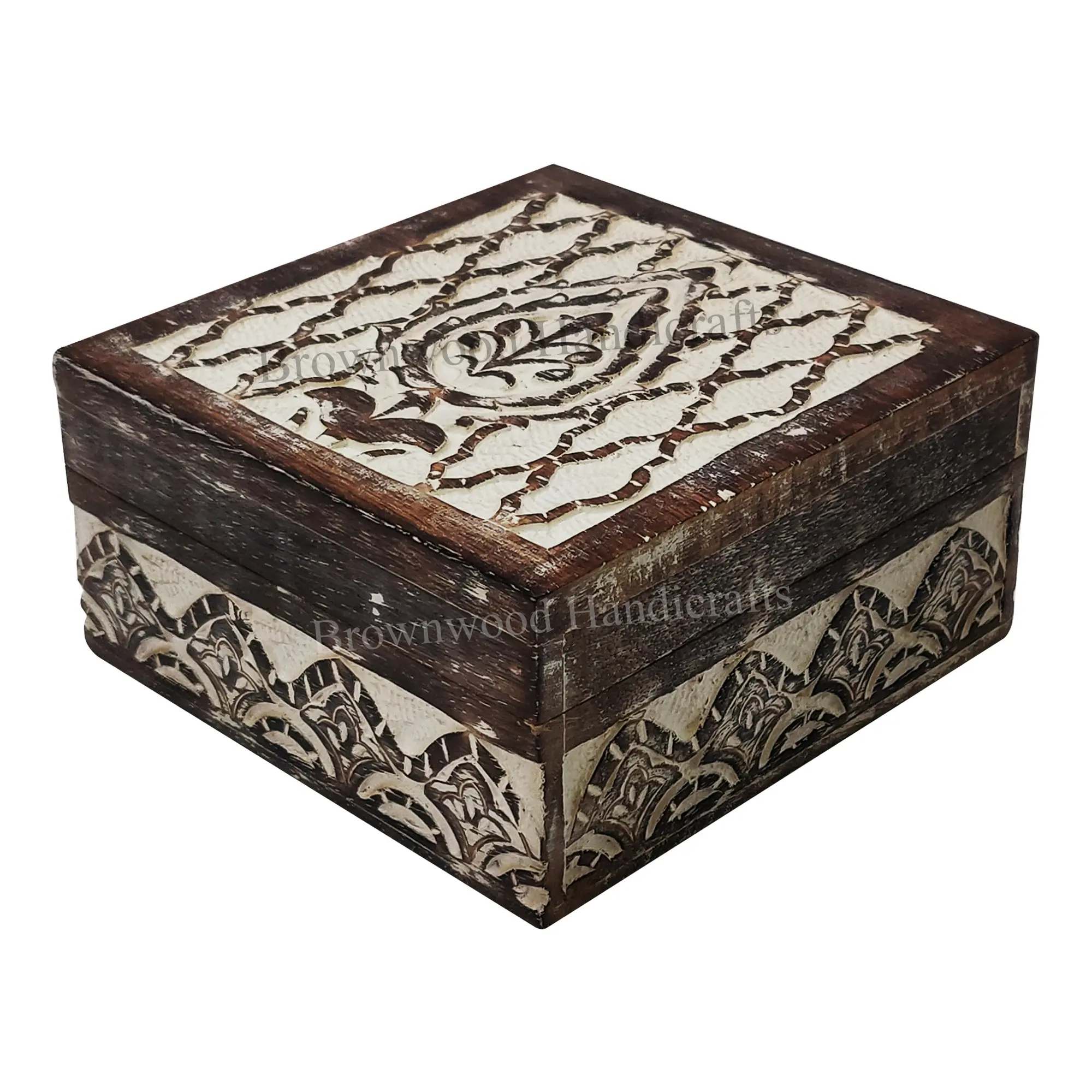 Caja de madera de mango de color blanco quemado tallada a mano de lujo de calidad de exportación para embalaje de regalo y caja decorativa a precio mayorista