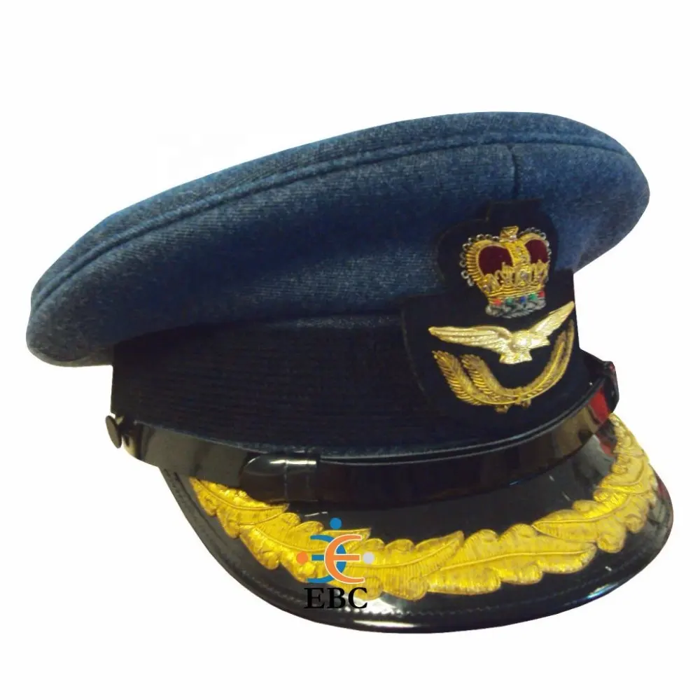 Gorra OEM de piloto de aire hecha en Pakistán con águila voladora y corona insignia bordada de lingotes de oro y visera de pico de lingotes de una sola fila