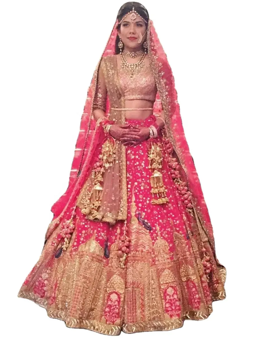 Desainer gaun pernikahan India pekerjaan berat merah gaya Lehenga pengantin manufaktur di India grosir butik toko pakaian etnis