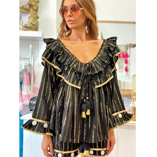 Blusa y pantalón estilo bohemio con efecto espejo para mujer, blusa y Pantalón de tela Flossy Negra con efecto explosivo, elegante, decoración de borlas y adornos de ganchillo