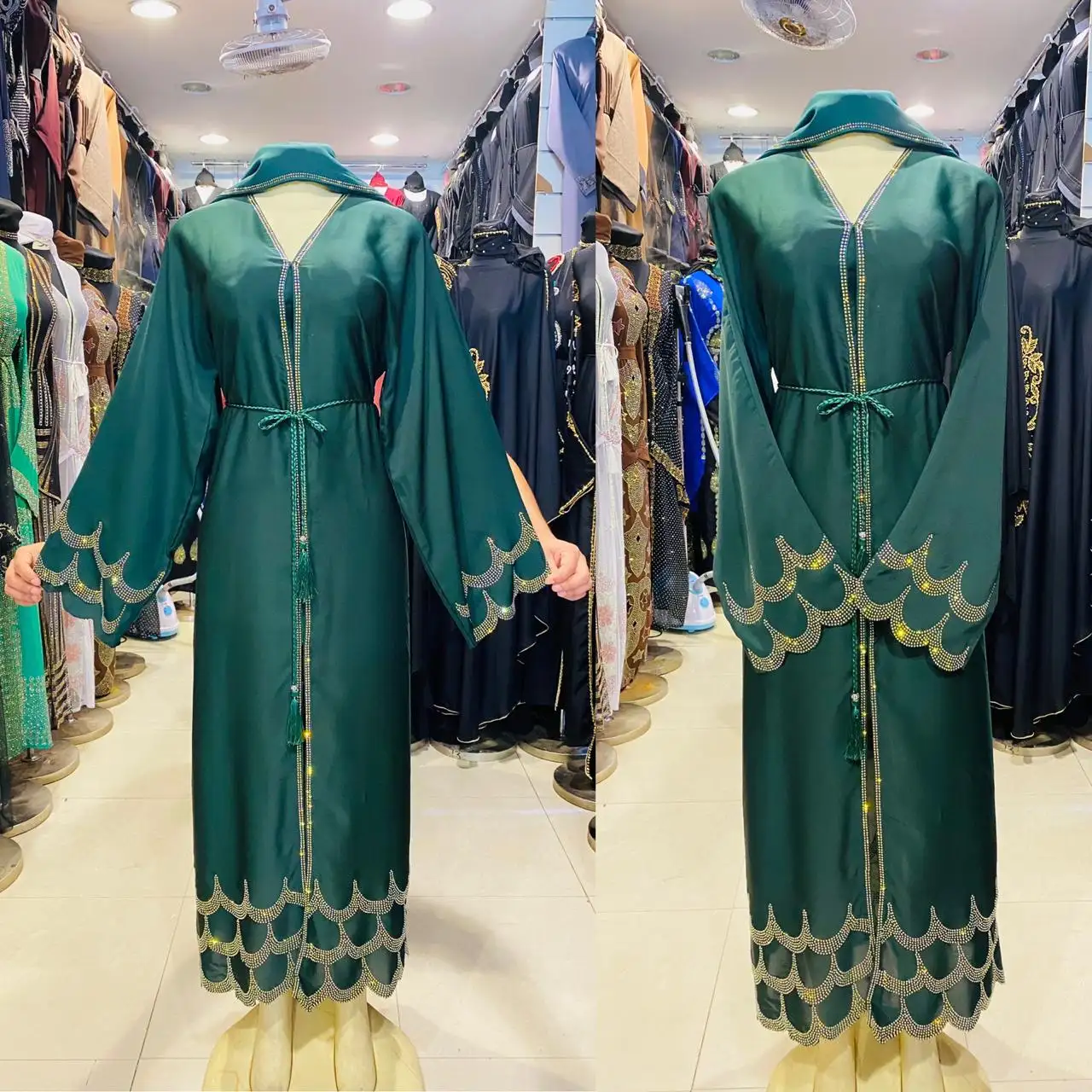 Nouveau Designer Dernières Conceptions De Luxe Abaya Lâche Kimono Ouvert Abaya Femmes Musulmanes Solide Couleur Pierre Abaya Avec Ceinture