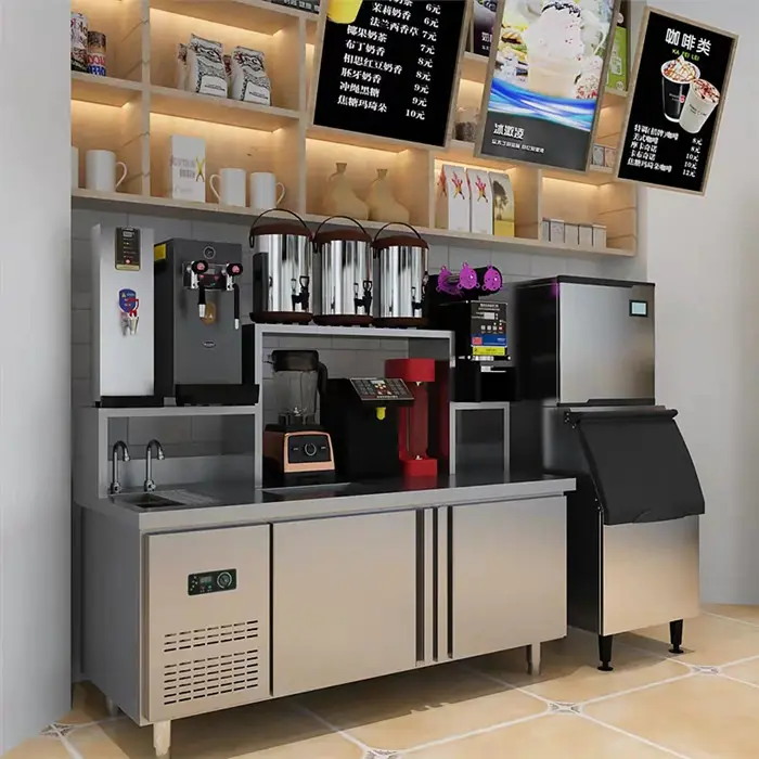 Personalizzato tutti i Set Bubble Tea Equipment tavolo da lavoro OEM Bubble Tea in acciaio inossidabile bancone frigorifero Bar per negozio di tè al latte