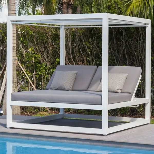 Praia de alumínio chaise lounge daybed cama piscina dupla espreguiçadeira com dossel