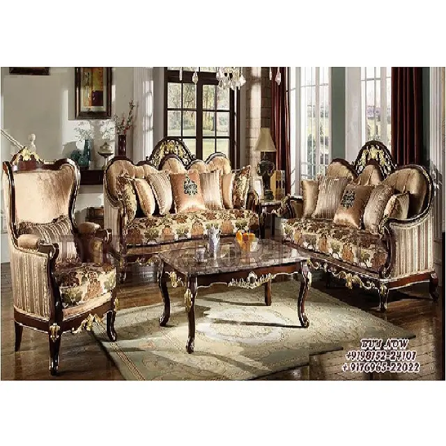 الكلاسيكية 7 مقاعد اليد أريكة منقوشة مجموعة الجوز النهاية مجموعة كنب خشبي للمنزل البني النهاية الفرنسية نمط المعيشة غرفة الأثاث