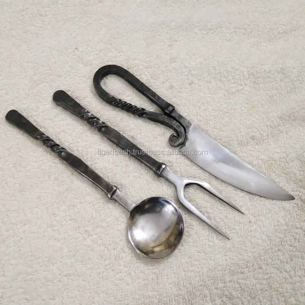 Couteau et fourchette à cuillère, ustensile de repas médiéval forgé à la main, ensemble de repas