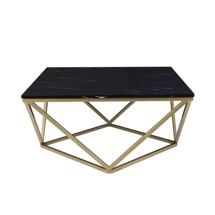 Mesa de café dourada de aço inoxidável, com topo de vidro