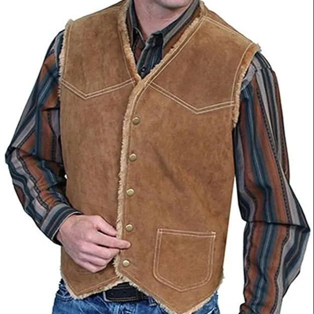 Veste en cuir occidentale avec doublure en fausse peau de mouton Vestes courtes en cuir suédé à franges pour hommes