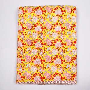 Organic Hand Block Print <strong>Rajai</strong> Quilt in Yellowish Red with Traditional Indian Artwork featuring a Transparent Dohar