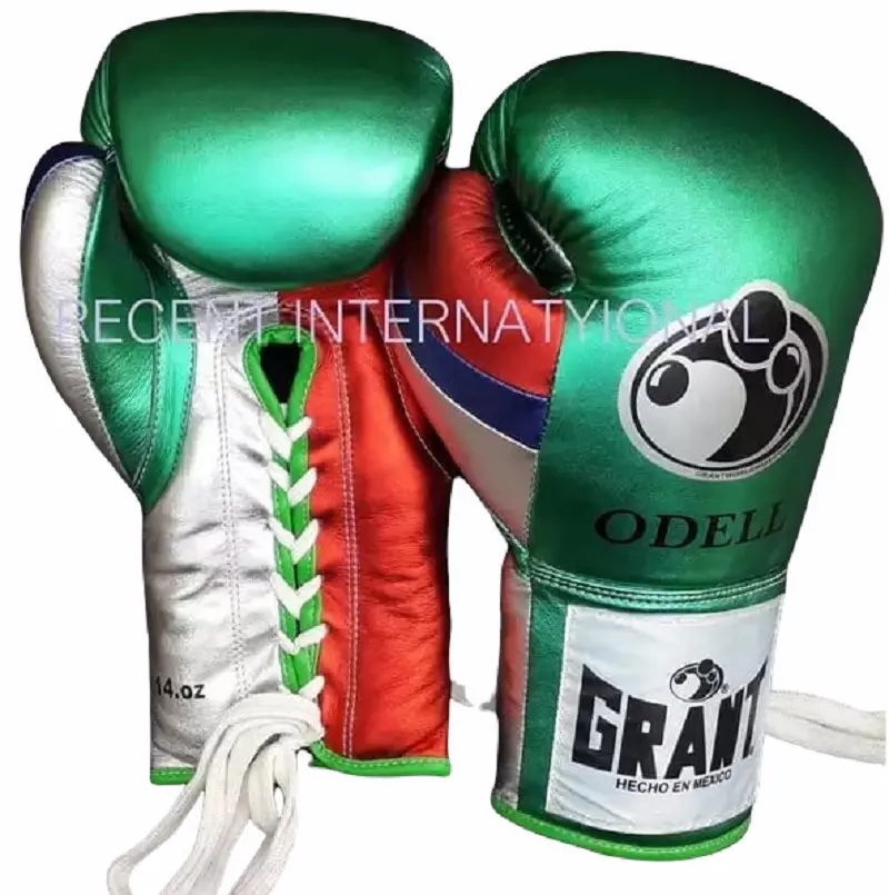 Боксерские перчатки из натуральной воловьей кожи с металлическим жемчугом и зеленым оттенком