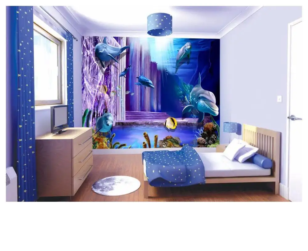 Wallpaper Vinil 3D Pemandangan Ikan Lumba-lumba Dunia Laut Kustom untuk Dekorasi Kamar Anak