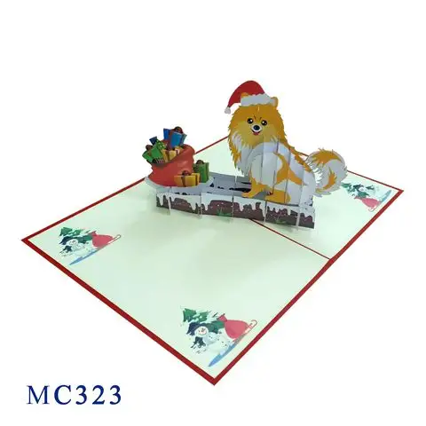 Cachorro con regalos de Noel, tarjeta emergente, papel 3D, Navidad, artesanía personalizada hecha a mano, venta al por mayor, gran oferta, saludo de Navidad