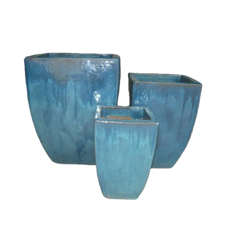 Square light blue outdoor ceramic glazed flower planters pottery pot
