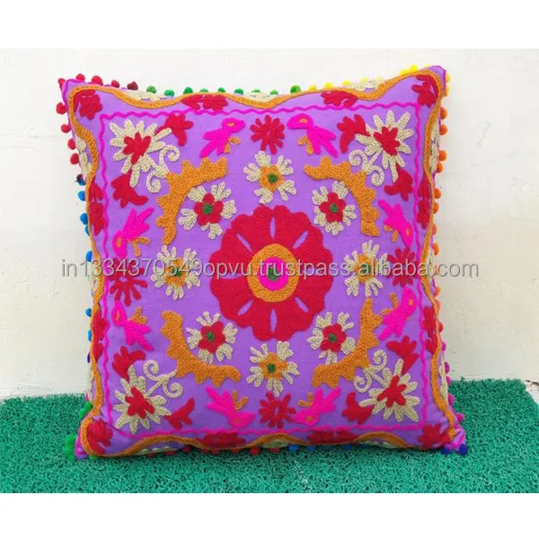 Cómodo estilo mexicano cadena puntada Floral púrpura Aari-bordado cojín de algodón cubierta sofá decorativos asiento de coche almohada