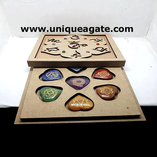 Chakra Heart Set With Wooden Box Quality Heart Shaped Engraved Chakra Set With Wooden Carved Box Of Oval And H