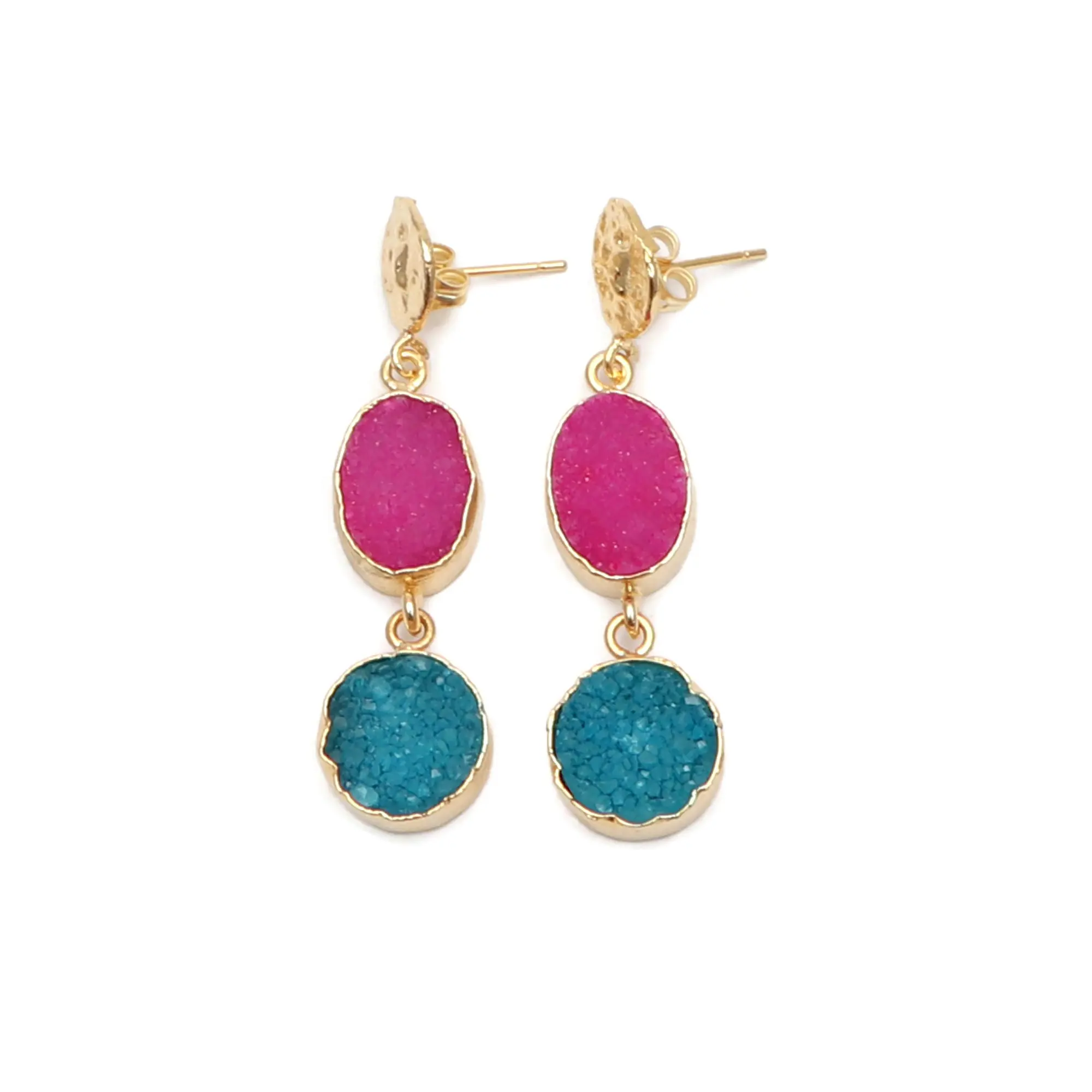 Pendientes de tuerca de piedras preciosas de color rosa y verde para mujer, aretes de tuerca chapados en oro, joyería de moda para mujer, regalo de joyería