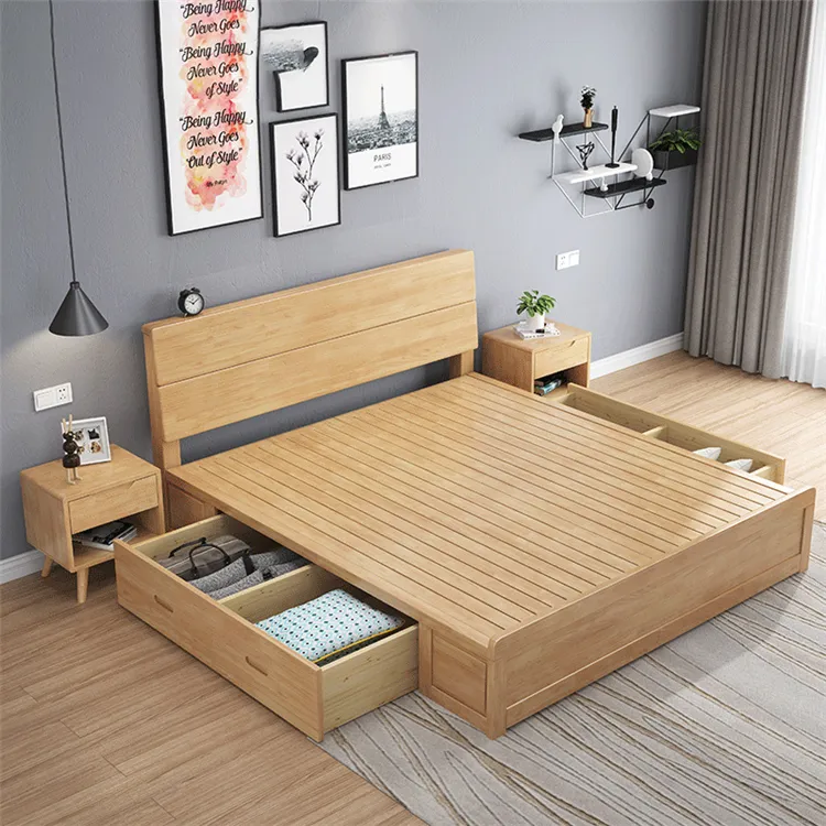 Conjunto de quarto em estilo nórdico japonês, madeira macia com gaveta, caixa de armazenamento, cama de móveis para hotel
