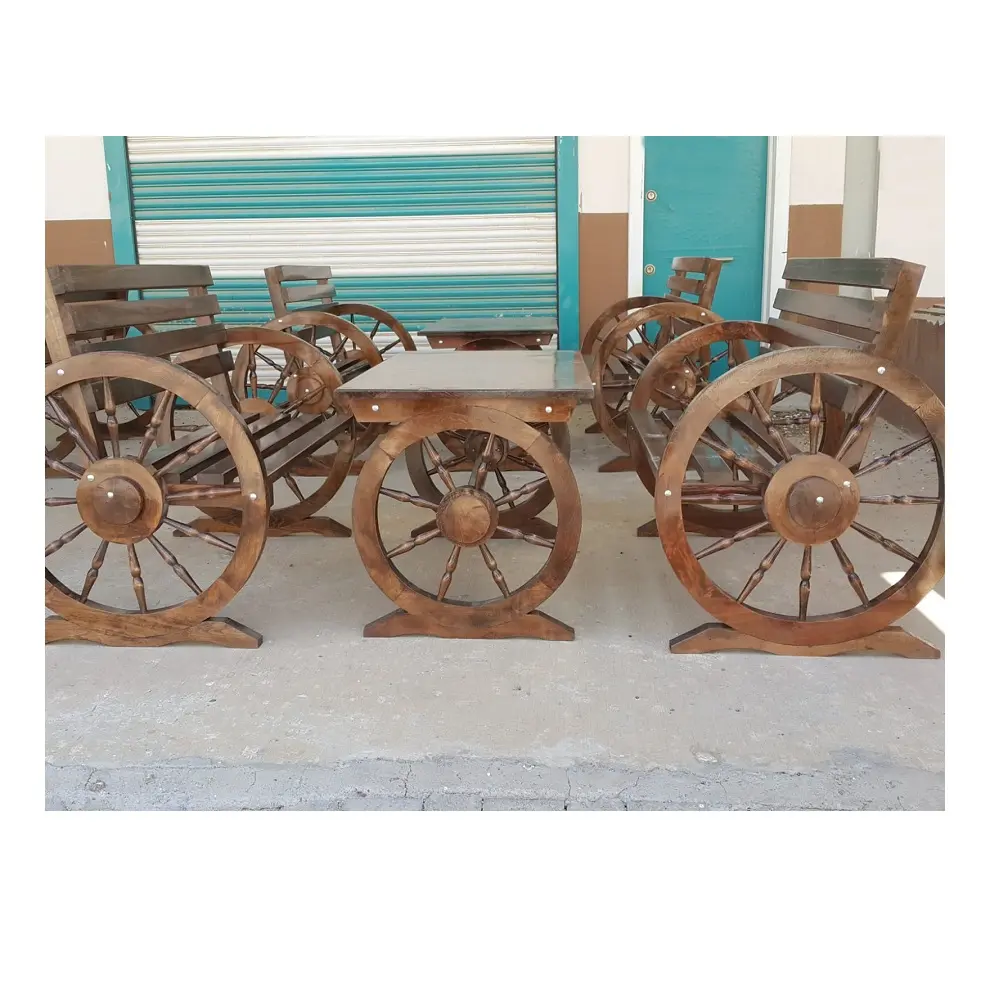 Alemanha Restaurant Wagon Wheel Benches Cadeira e Mesa Roda Set Outdoor Wood Wheel Garden Table e Chair Wholeset Sale