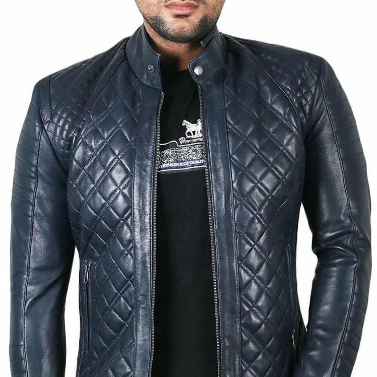 Quilted Style Herren Slim Fit Lederjacke Blau Original Lammfell Casual Mit Sonder größen-Großhandels preis