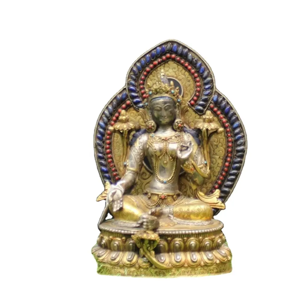 Estatua budista tachonada de latón, piedra de Tara, Idol de nepalí, escultura religiosa, Metal budista, arte de la India coleccionable, verde, 4 colores