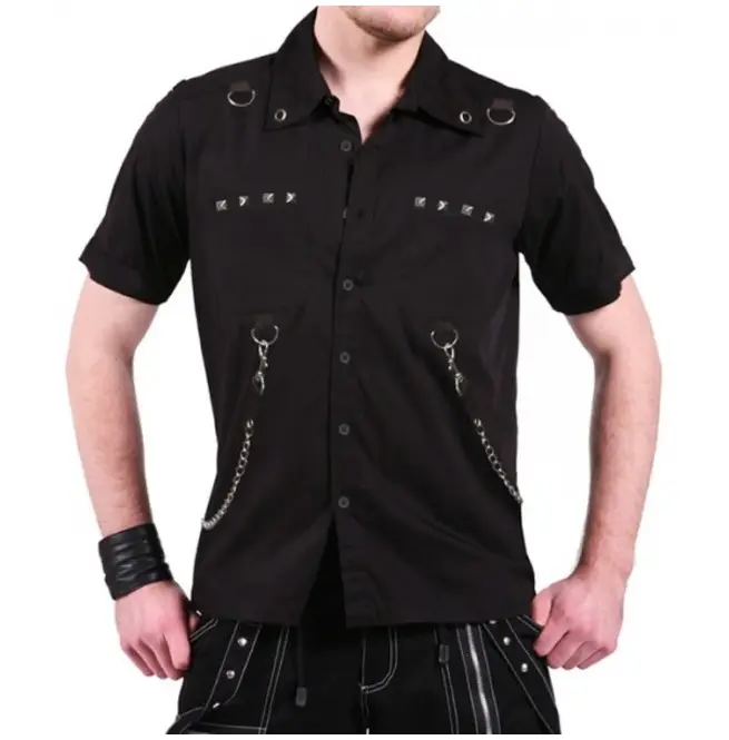 Camisa de algodão preta punk rock, feita com correntes d anéis