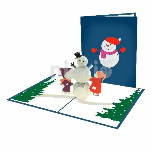 Los niños juegan con el muñeco de nieve de felicitación 3D Tarjeta de Navidad