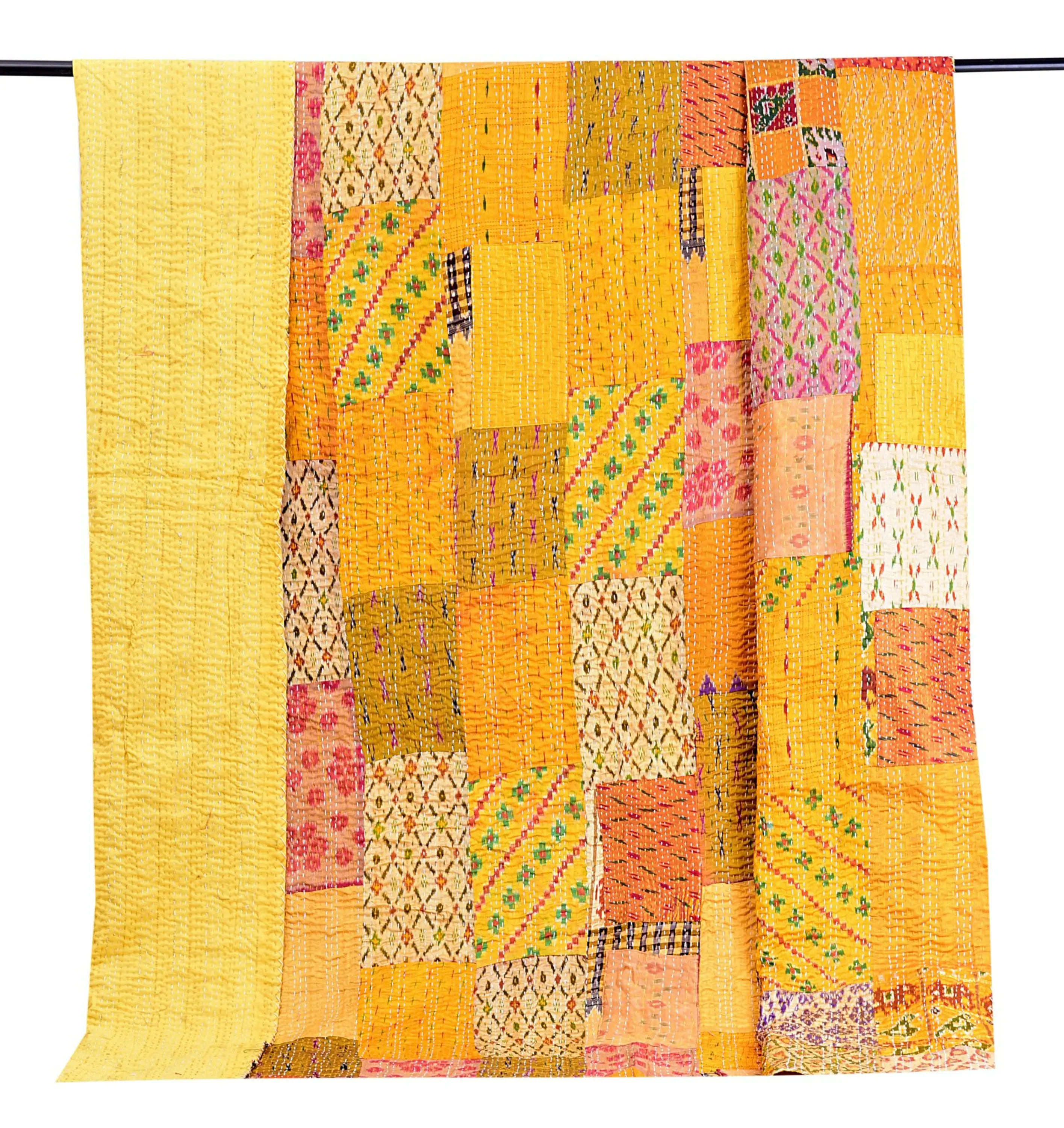 Venta al por mayor y fabricación de colcha Kantha de seda hecha a mano, colcha Reversible de retazos de Manta