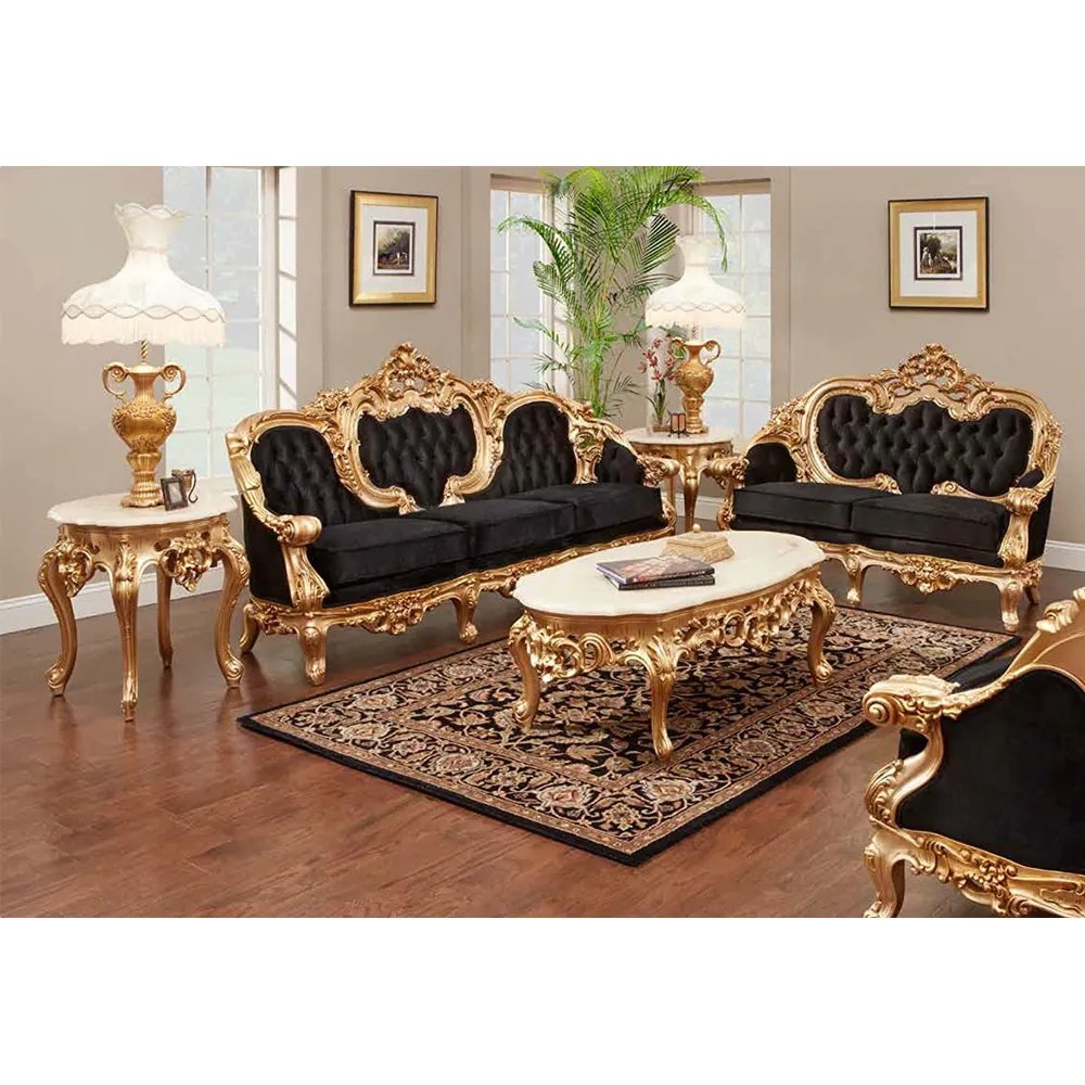 الكلاسيكية غرفة معيشة عتيقة أثاث النمط الفرنسي الذهبي مجموعة كنب خشبي الملكي الفيكتوري أثاث طقم أرائك