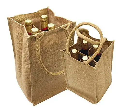 Özel baskı logosu doğal kenevir çuval bezi eko kullanımlık korumak Tote jüt şarap çantaları doğal jüt şarap çantaları çuval bezi şarap Tote çanta