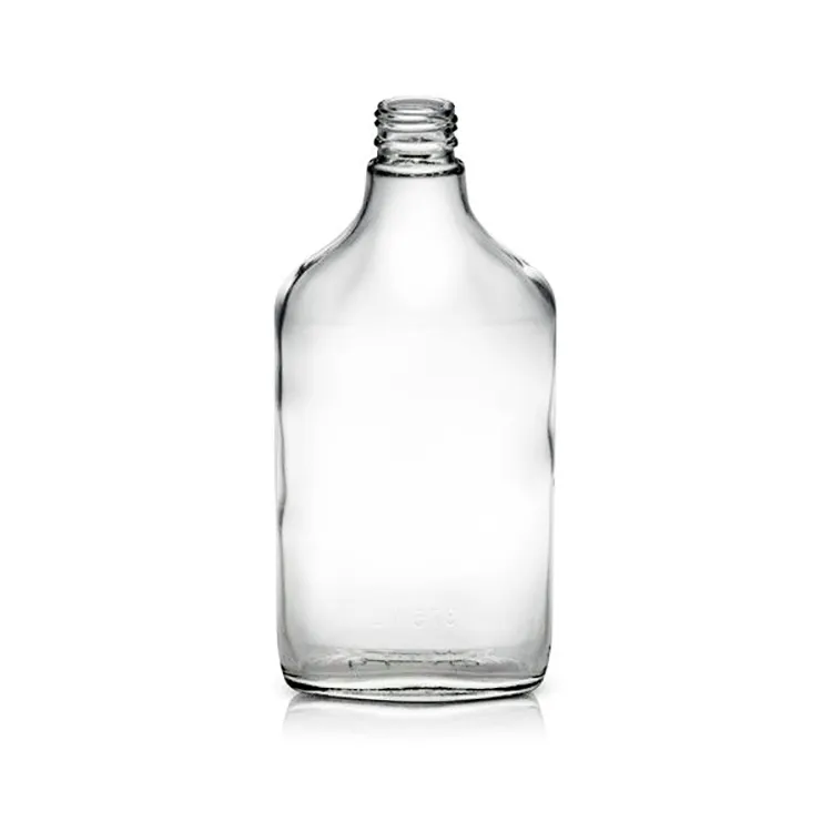 Botella de vidrio transparente con ranura para licor, frasco convexo de cadera con tapa de seguridad blanca de 28mm, 12,5 oz, 375 ml