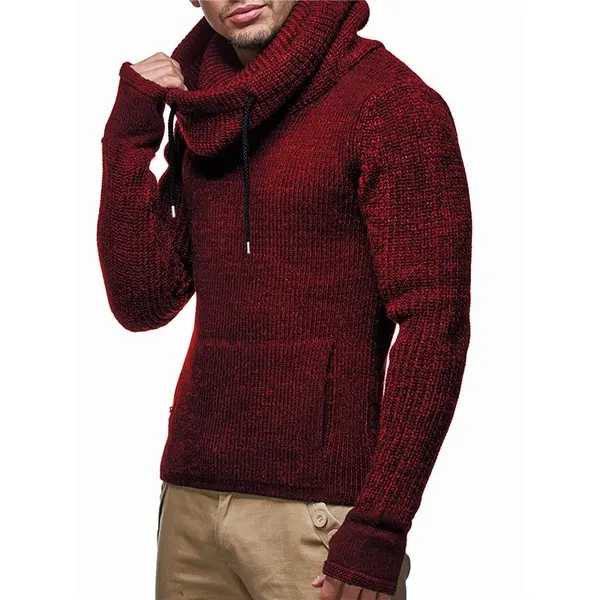 Fashion Men Turtleneck Hooded Knitted Sweater Men Casual Pullover Tops Autumn Winter Warm Hoodies with Gloves by EVERGLOW Plain