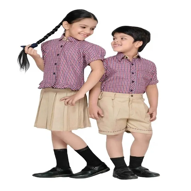 Os fabricantes verificam a camisa de tecido meninas camisa com saia e camisa de meninos com meia calça uniforme escolar
