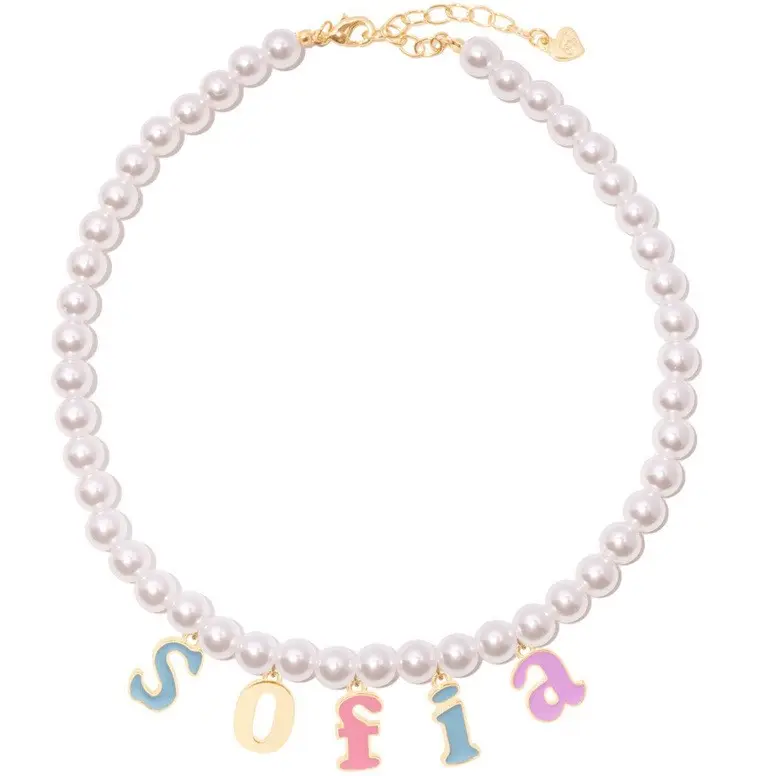 Colgante con letra de aceite para niña, collar de perlas con nombre personalizado chapado en oro de 14k, collar de perlas con recubrimiento electrónico
