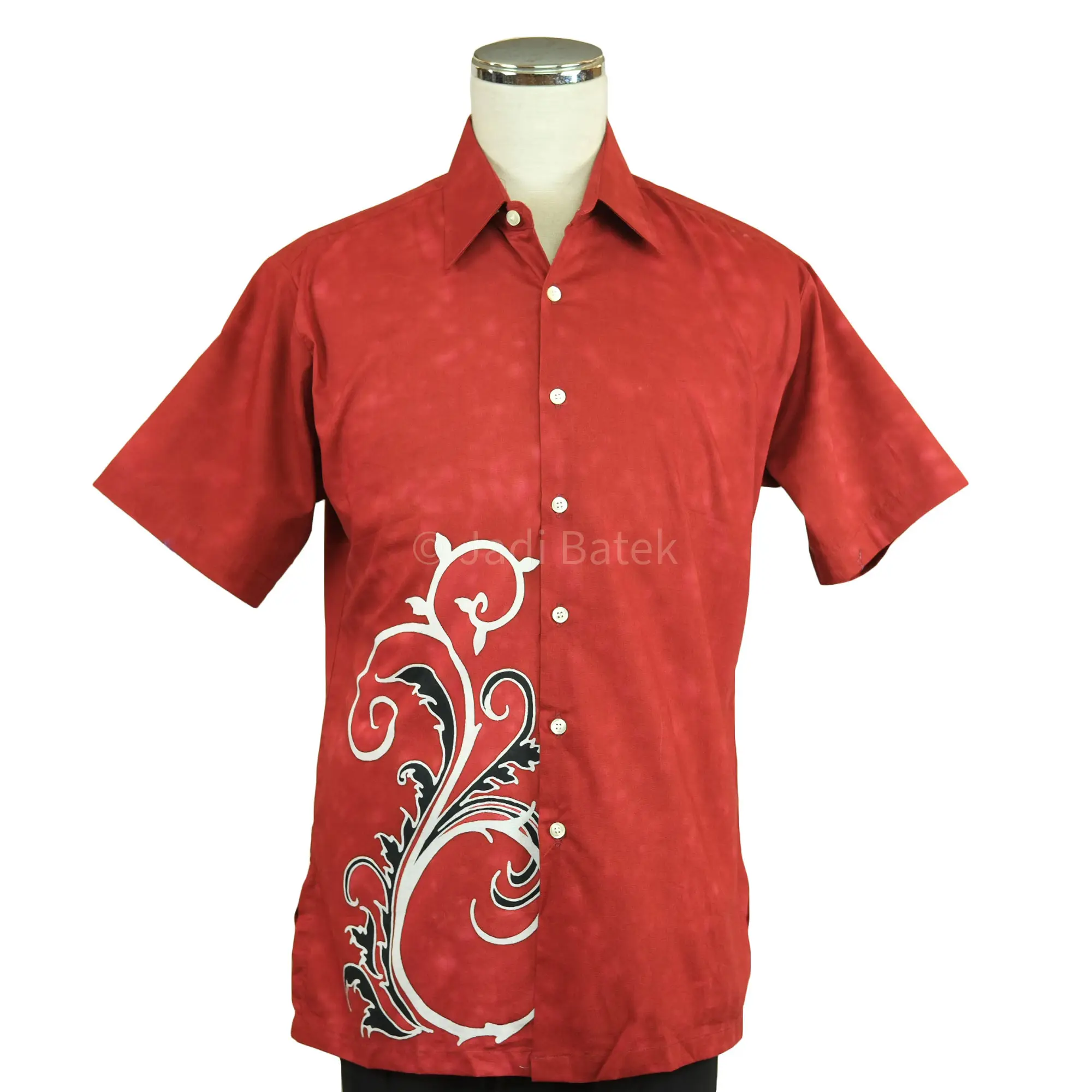 Red Malaysian hand drawn batik Cotton Short Sleeve Men shirt