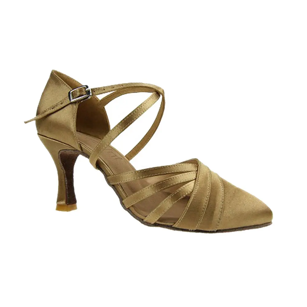 Zapatos latinos de salón con punta cerrada, calzado de baile satinado, color bronceado