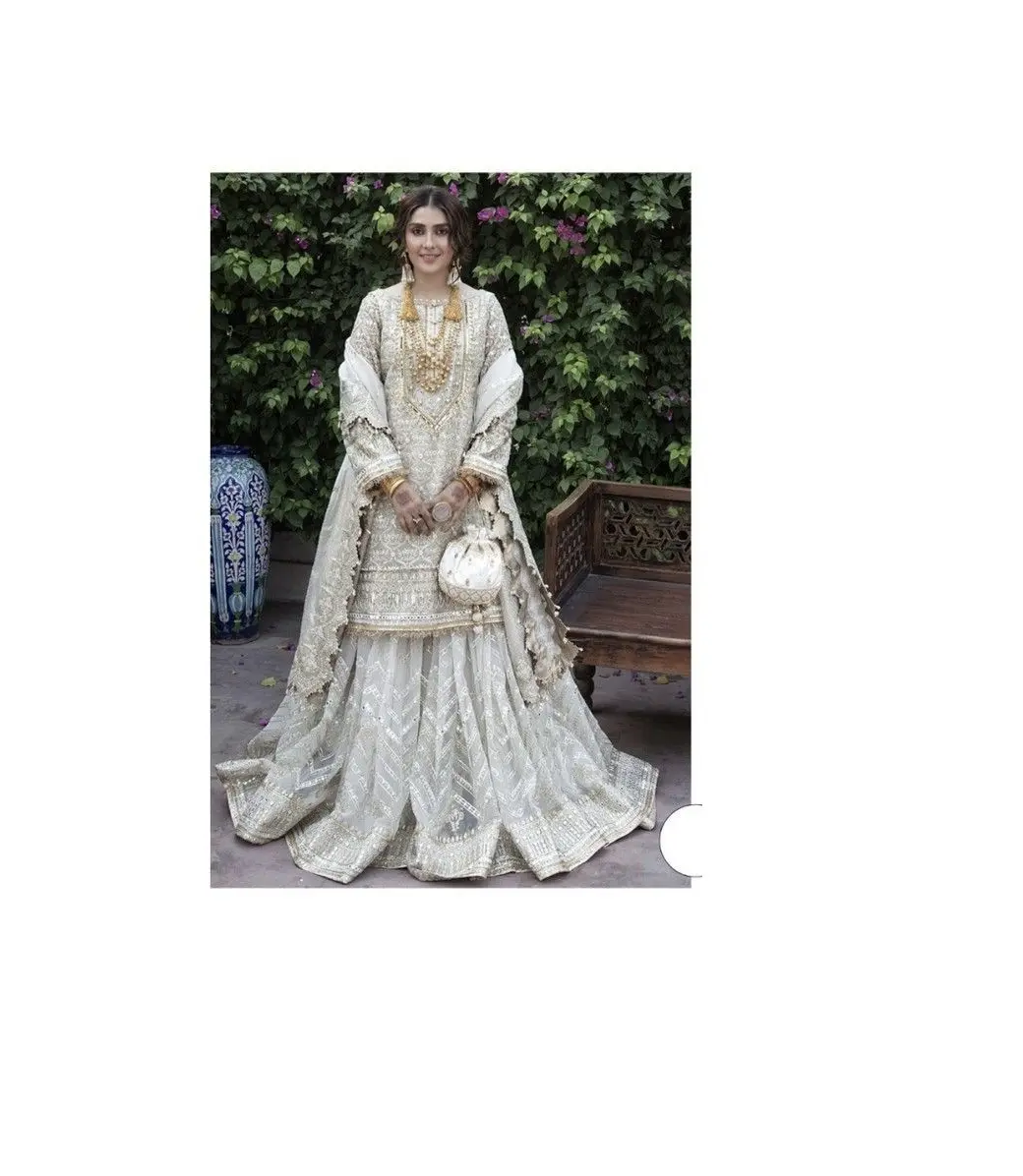 Conjunto de traje paquistaní de diseñador blanco para mujer, ropa lista, 3 uds.