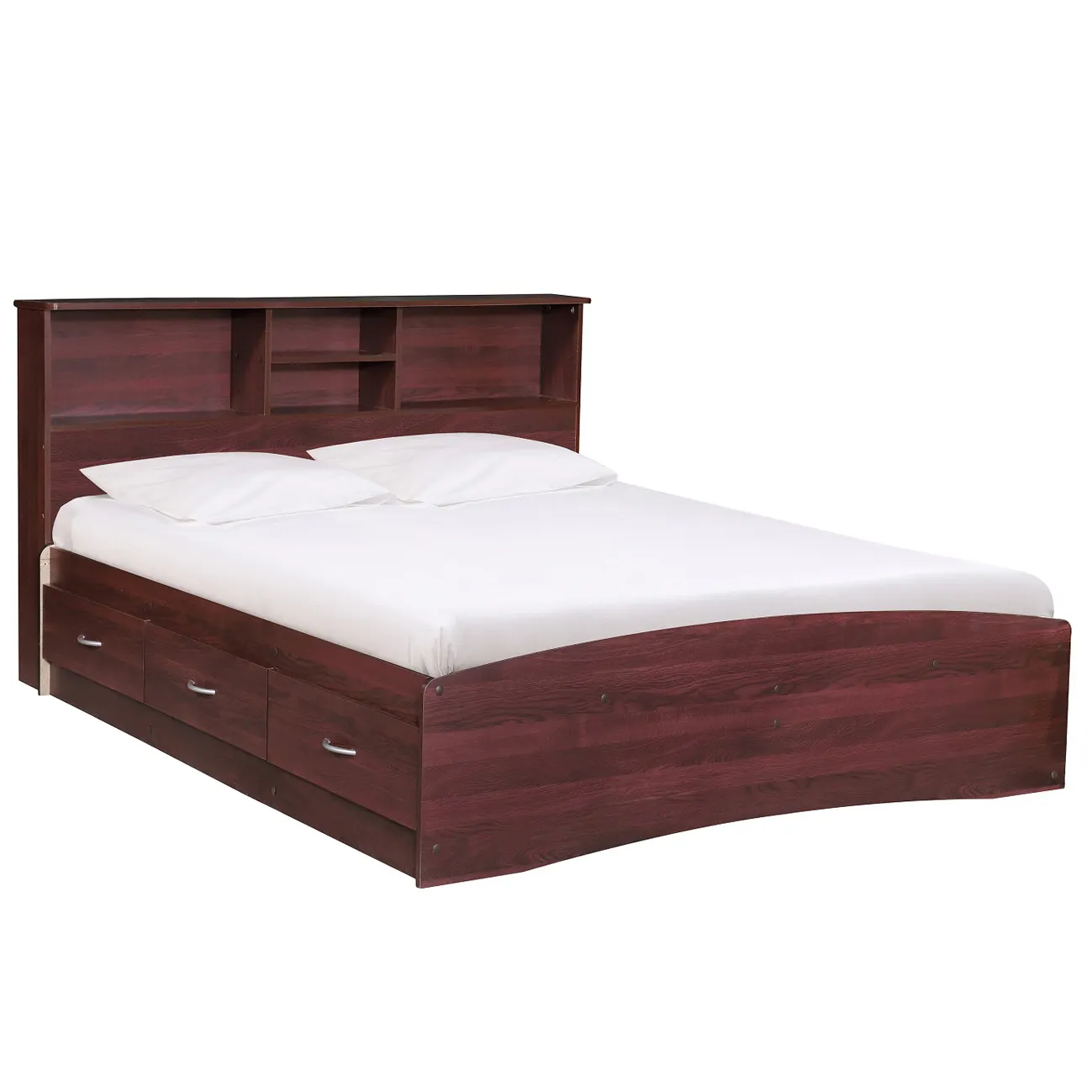पूर्ण लकड़ी के बिस्तर फ्रेम चारपाई की अगली पीठ के साथ आते हैं और 3 दराज मलेशिया में किए गए 2213