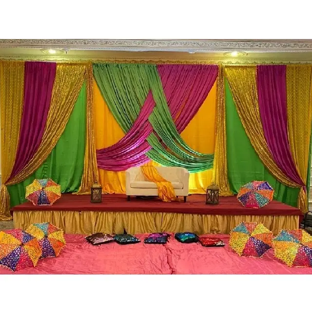 India Pernikahan Latar Belakang Ruangan untuk Pesta Berwarna-warni Panjang Tirai untuk Panggung Pernikahan Pesta Pernikahan Tahap Satin Tirai