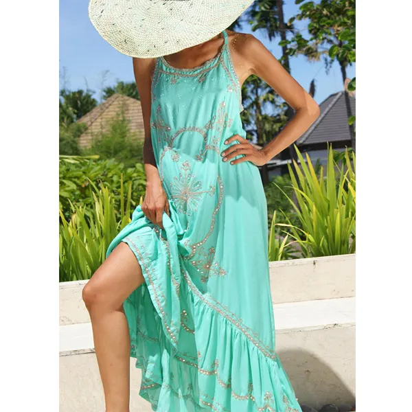 Nuovo Stile Boho Vestito Lungo Cinghia di Fondo Volant Orlo Ricama & Paillettes Lavoro di Nuovo Meno Sexy Beach Party di Lunghezza Della Caviglia abiti