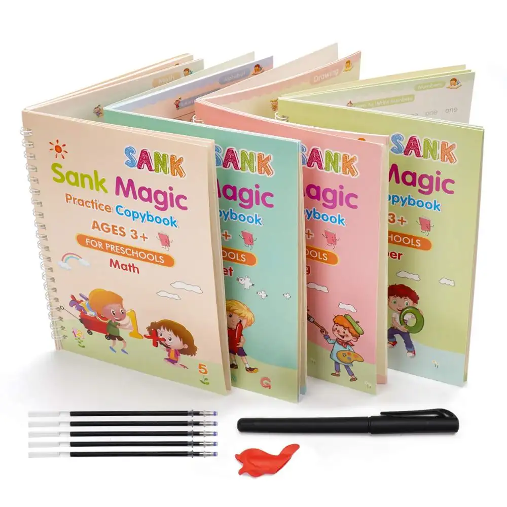 Jtx002 4 pçs/conjunto de livro de caligrafia, reutilizável, caligrafia, livro de prática mágica para crianças, estampa de livro de criança