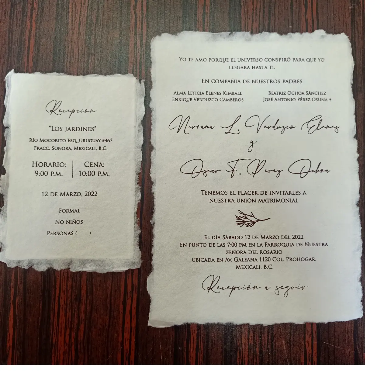custom made deckle edged wedding invitations cards in spanish text , can be custom printed in your language