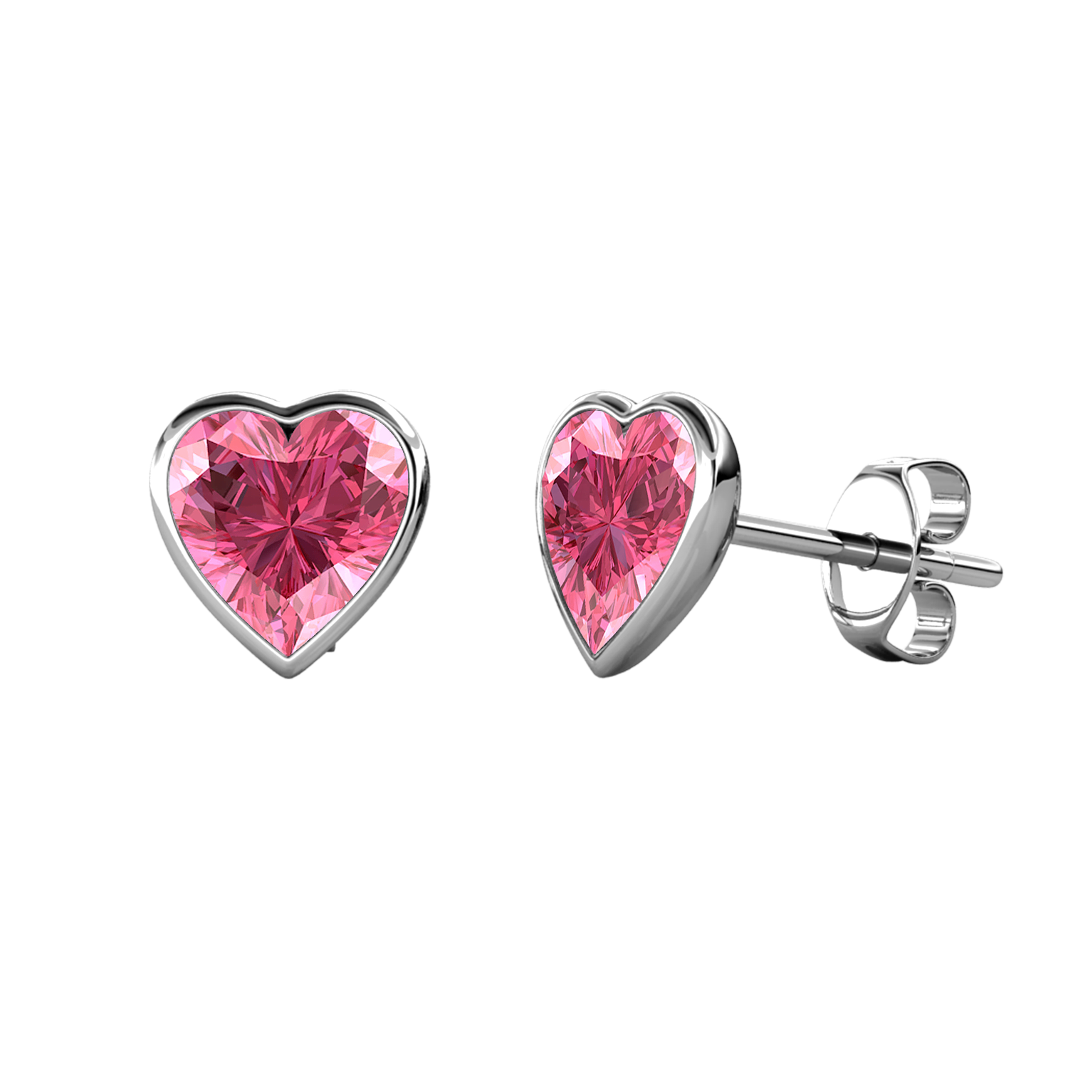 Brass With 18k WG Bright Pink Heart Shaped Crystal Stud Earrings