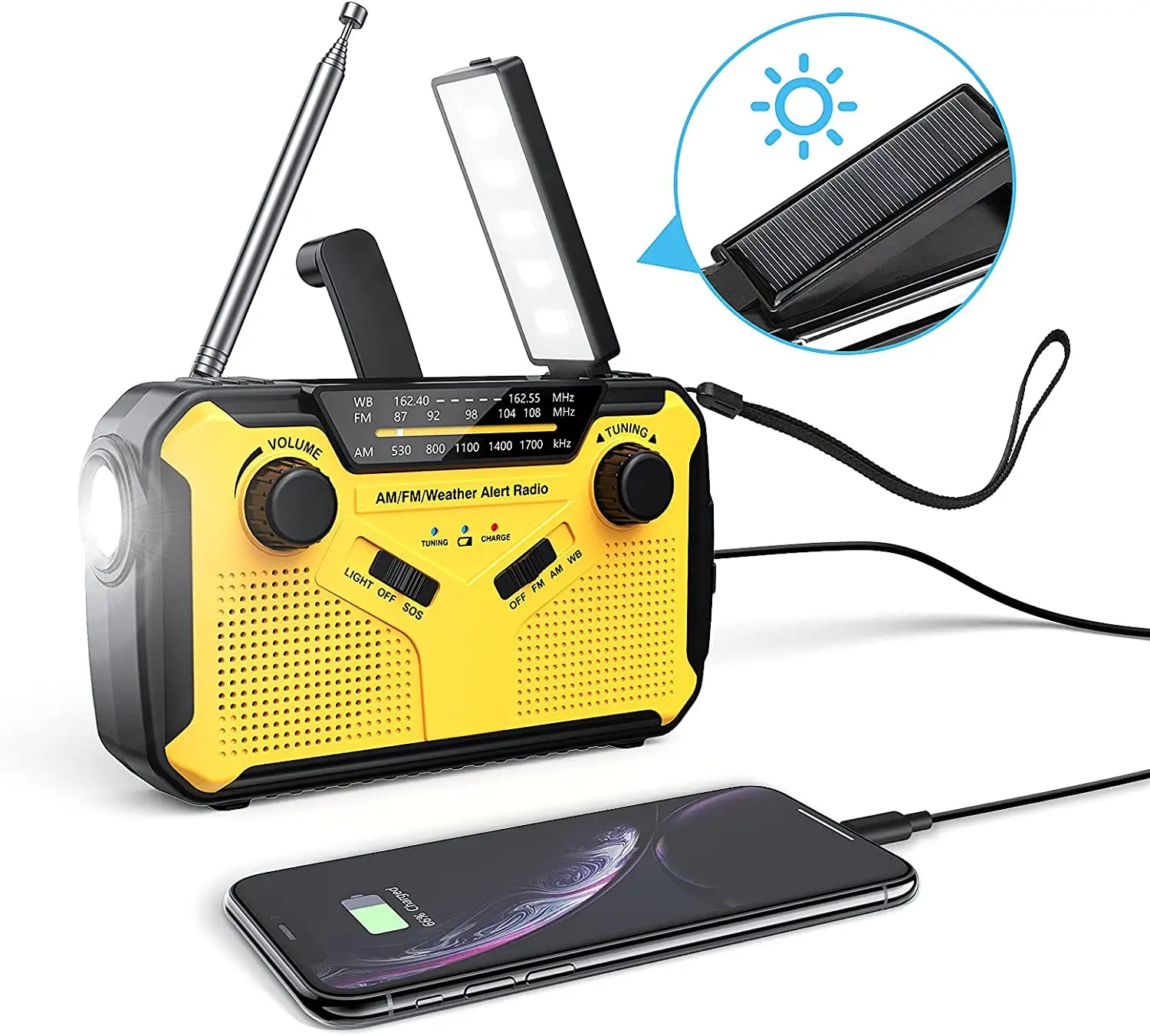 Radio solaire à manivelle avec lampe de poche LED, lampe de lecture, portative, AM/FM/WB, batterie Portable, 3000mAh, idéale en cas d'urgence
